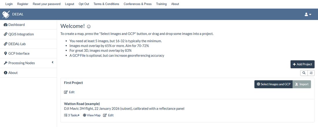 The DEDAL dashboard with two projects