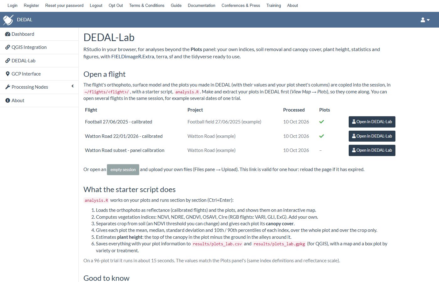 The DEDAL-Lab page listing flights to open