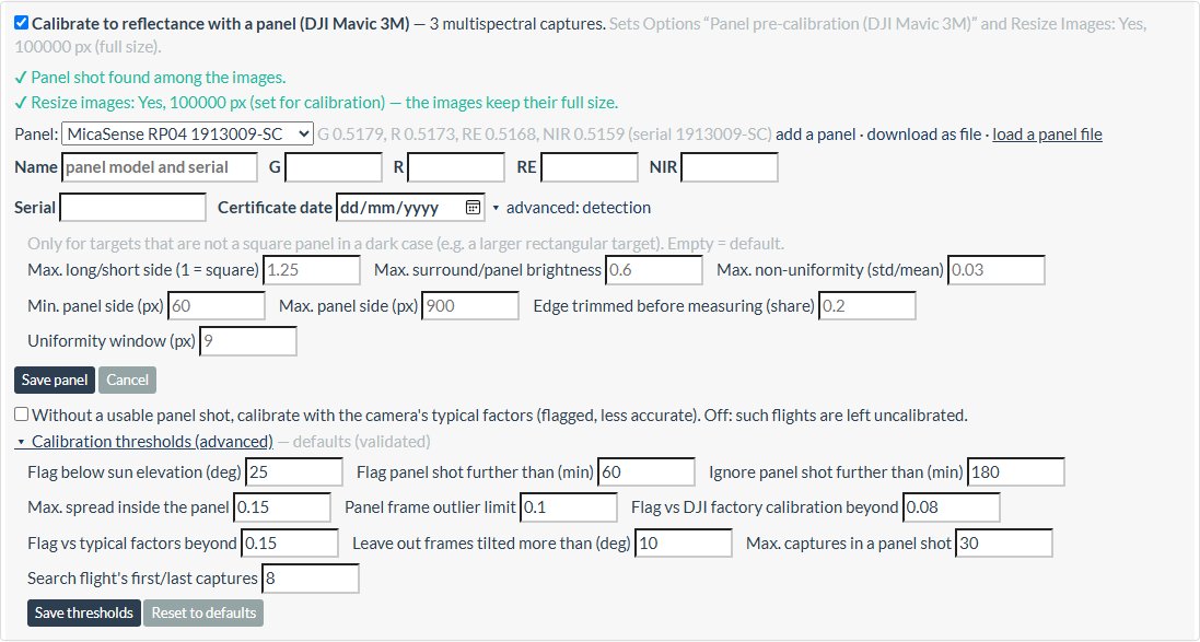 The panel form with detection settings and calibration thresholds open