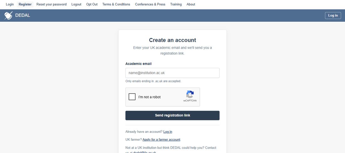 The DEDAL registration page